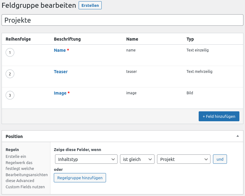 Pflegemaske einer Feldgruppe (Advanced Customer Fields)